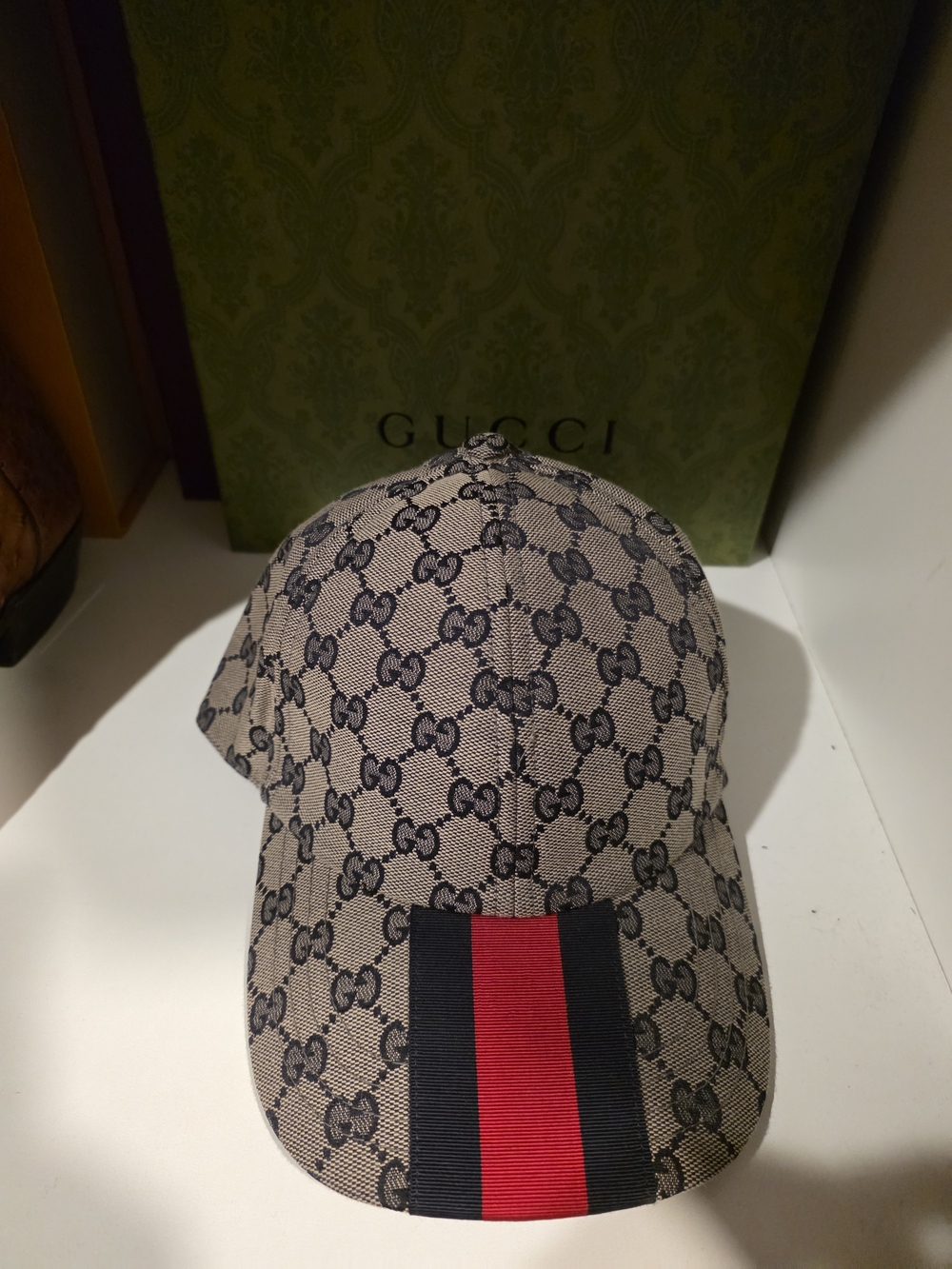 Gucci Beige GG Supreme Cap with Red and Black Stripe